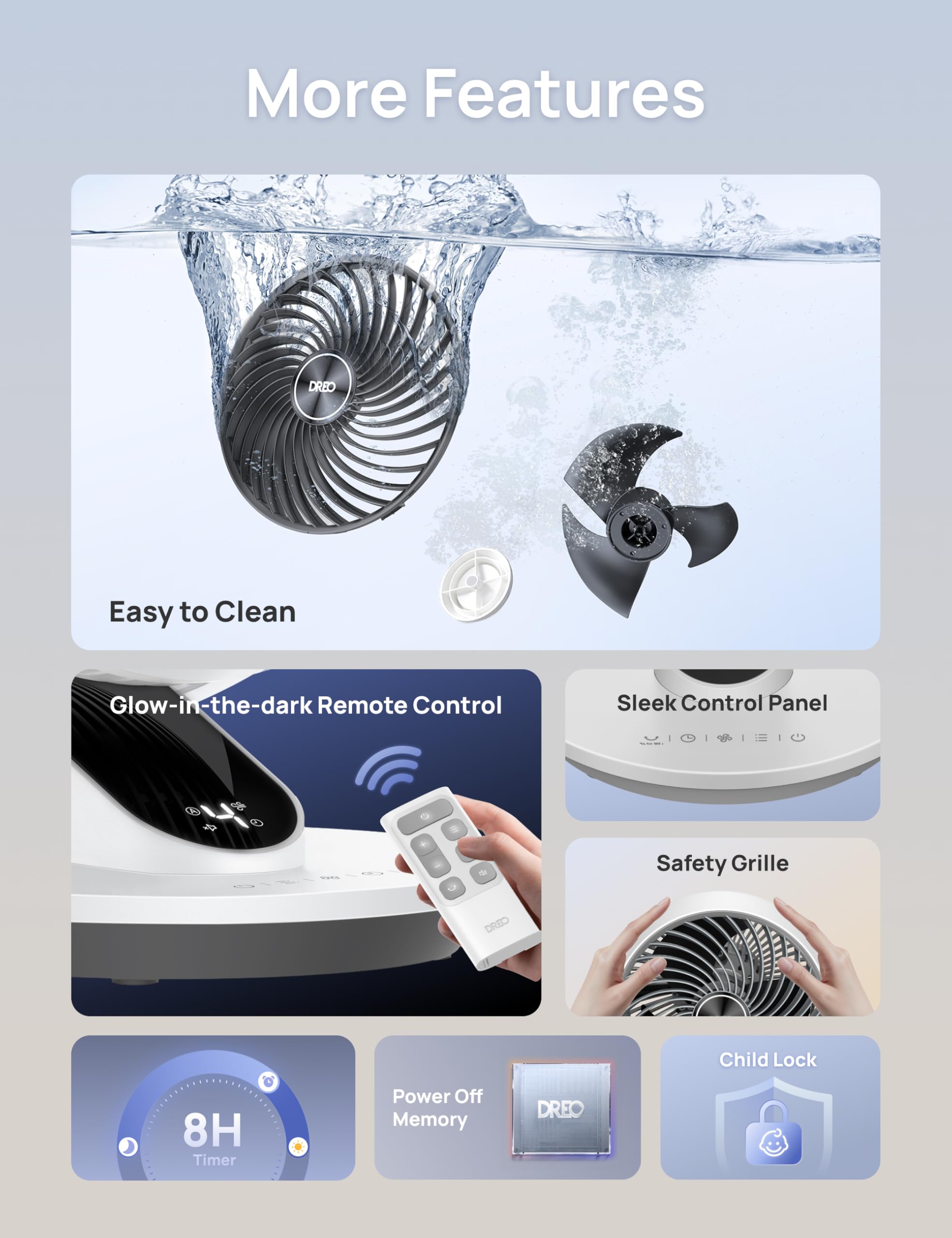 DREO fan on bedroom nightstand demonstrating whole-room circulation benefit