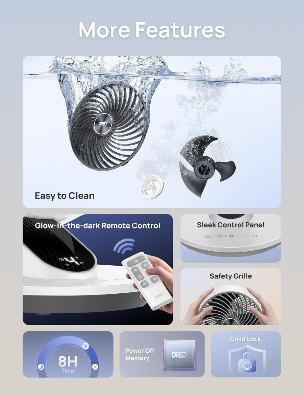 DREO fan on bedroom nightstand demonstrating whole-room circulation benefit