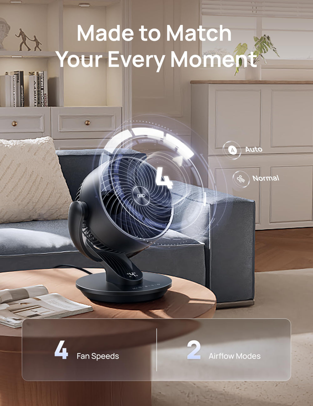 DREO bedside setup in night mode emphasizing ultra-quiet sleep-friendly operation