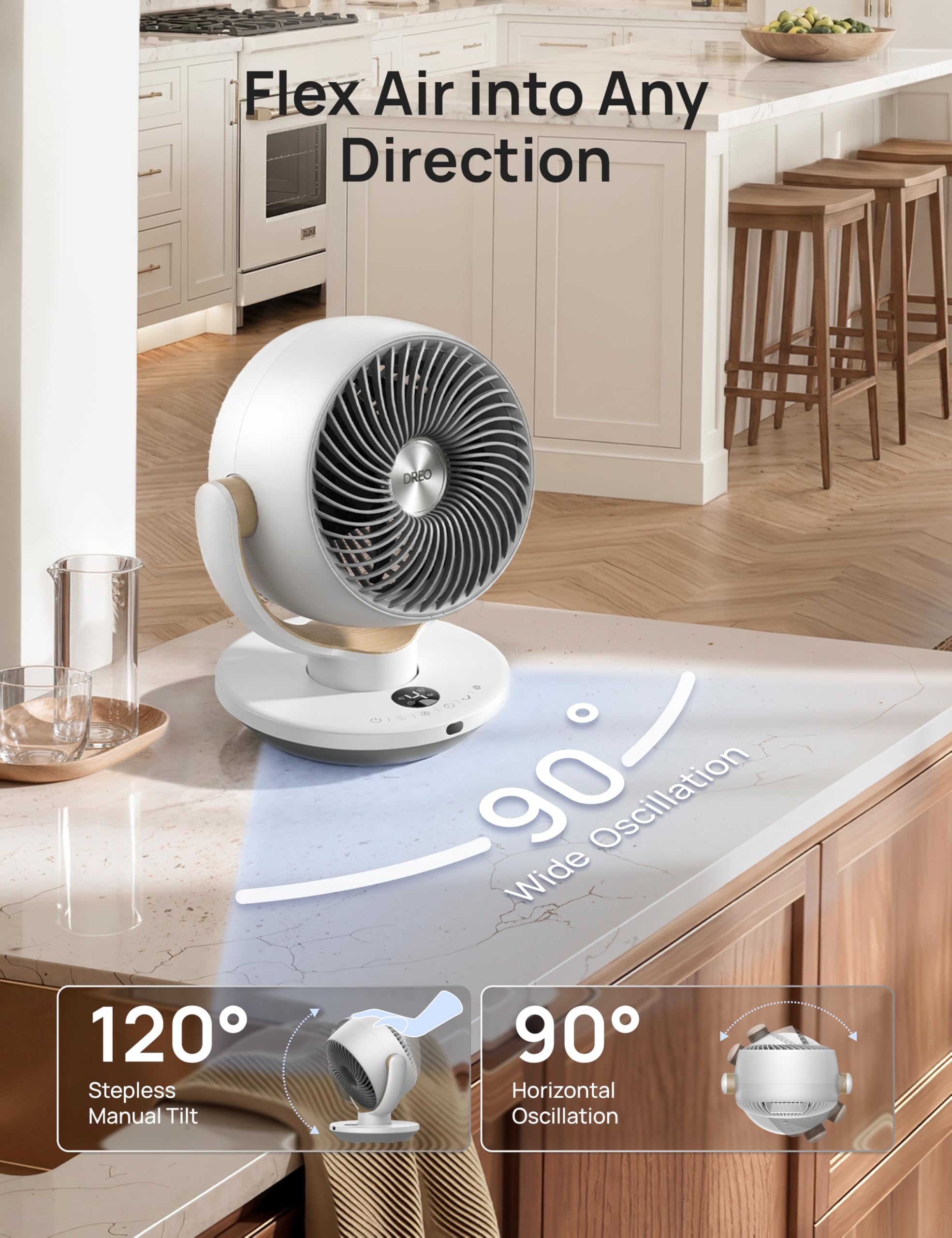 DREO closeup blade design showing TurboSilent airfoil for quieter airflow
