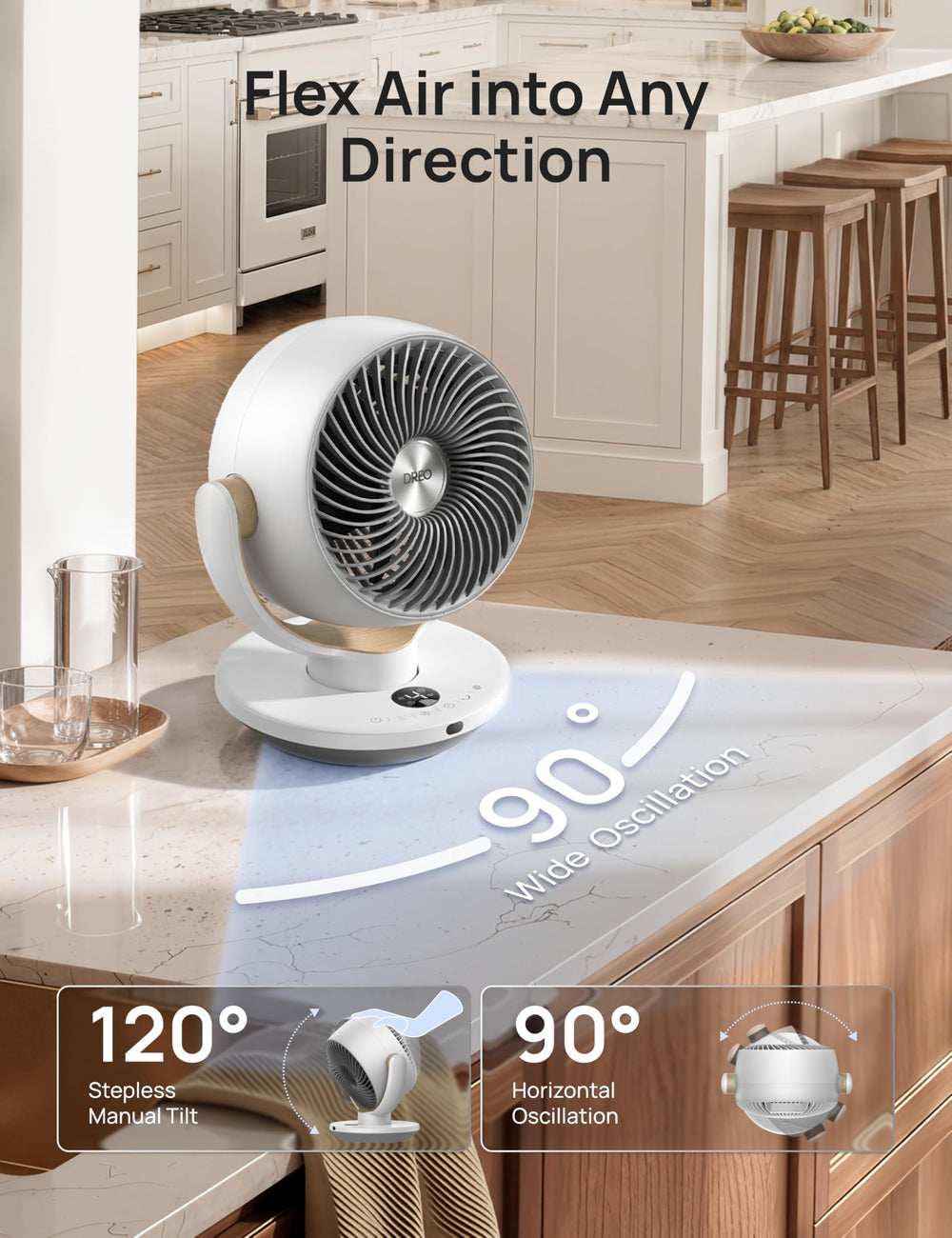 DREO closeup blade design showing TurboSilent airfoil for quieter airflow