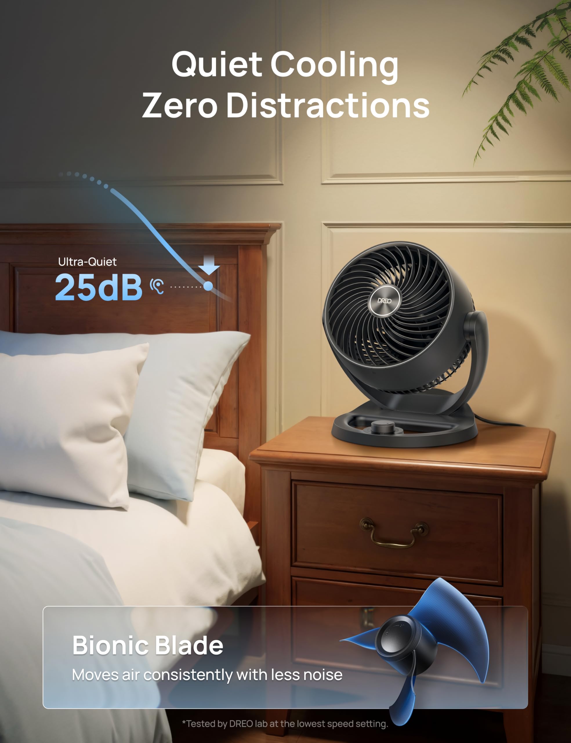 DREO desk fan in bedroom lifestyle providing quiet cooling for sleep