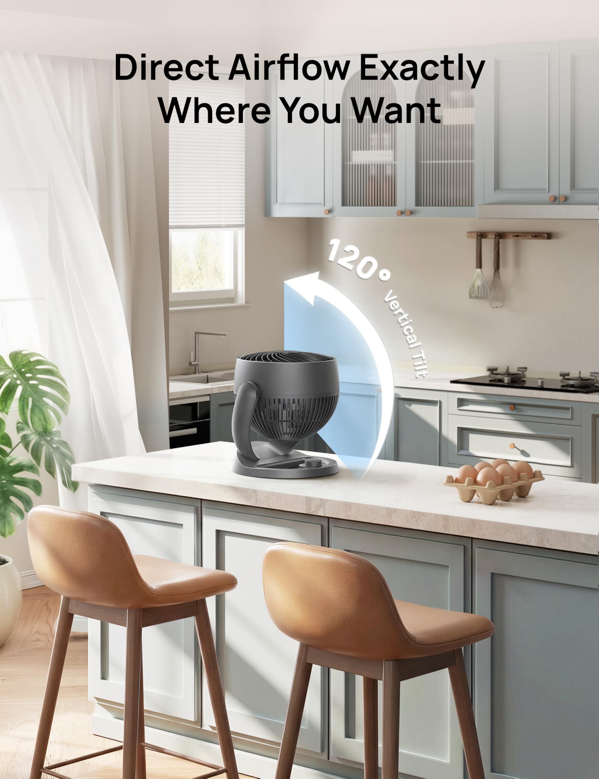 DREO desk fan knob and base showing three-speed control for customization