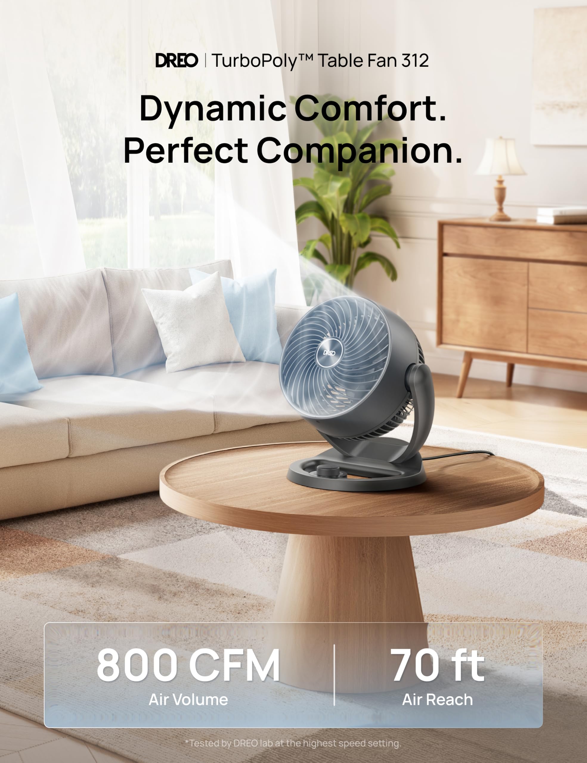 DREO desk fan side tilt detail demonstrating 120° angle control advantage