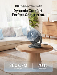 DREO desk fan side tilt detail demonstrating 120° angle control advantage