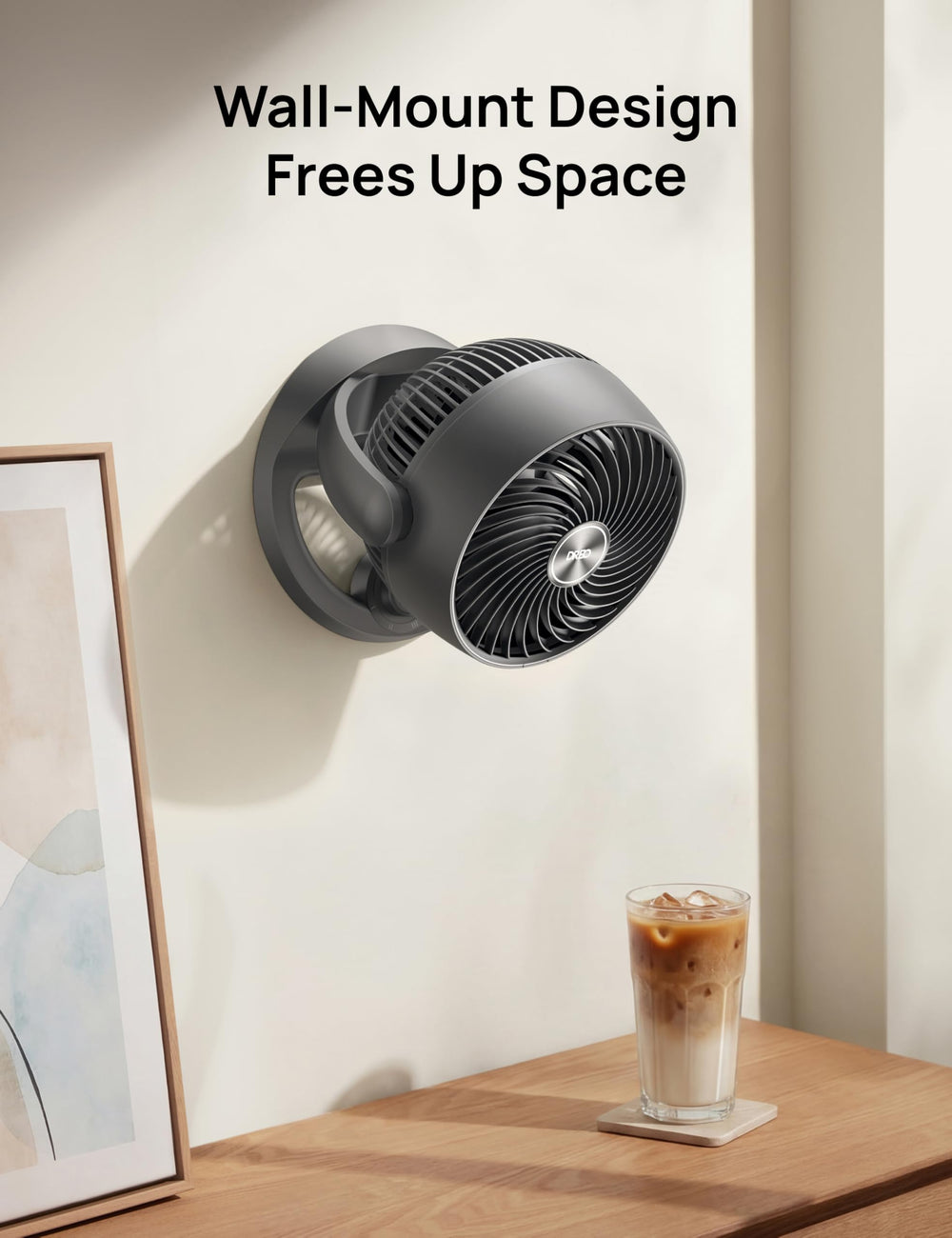 DREO desk fan size comparison with hand showing portable, space-saving benefit