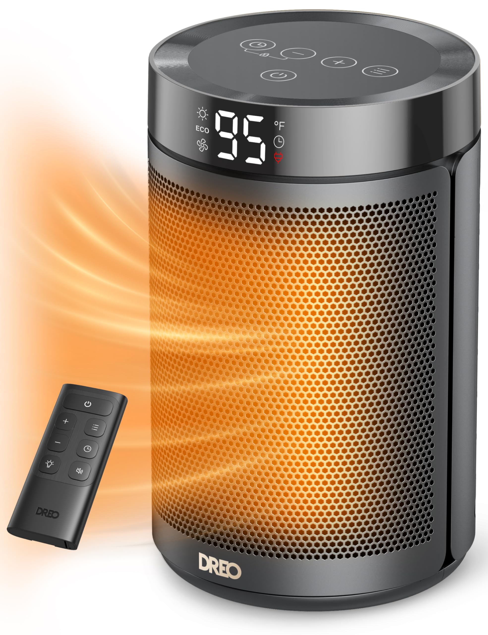 DREO front view of heater showing warm airflow and compact benefit