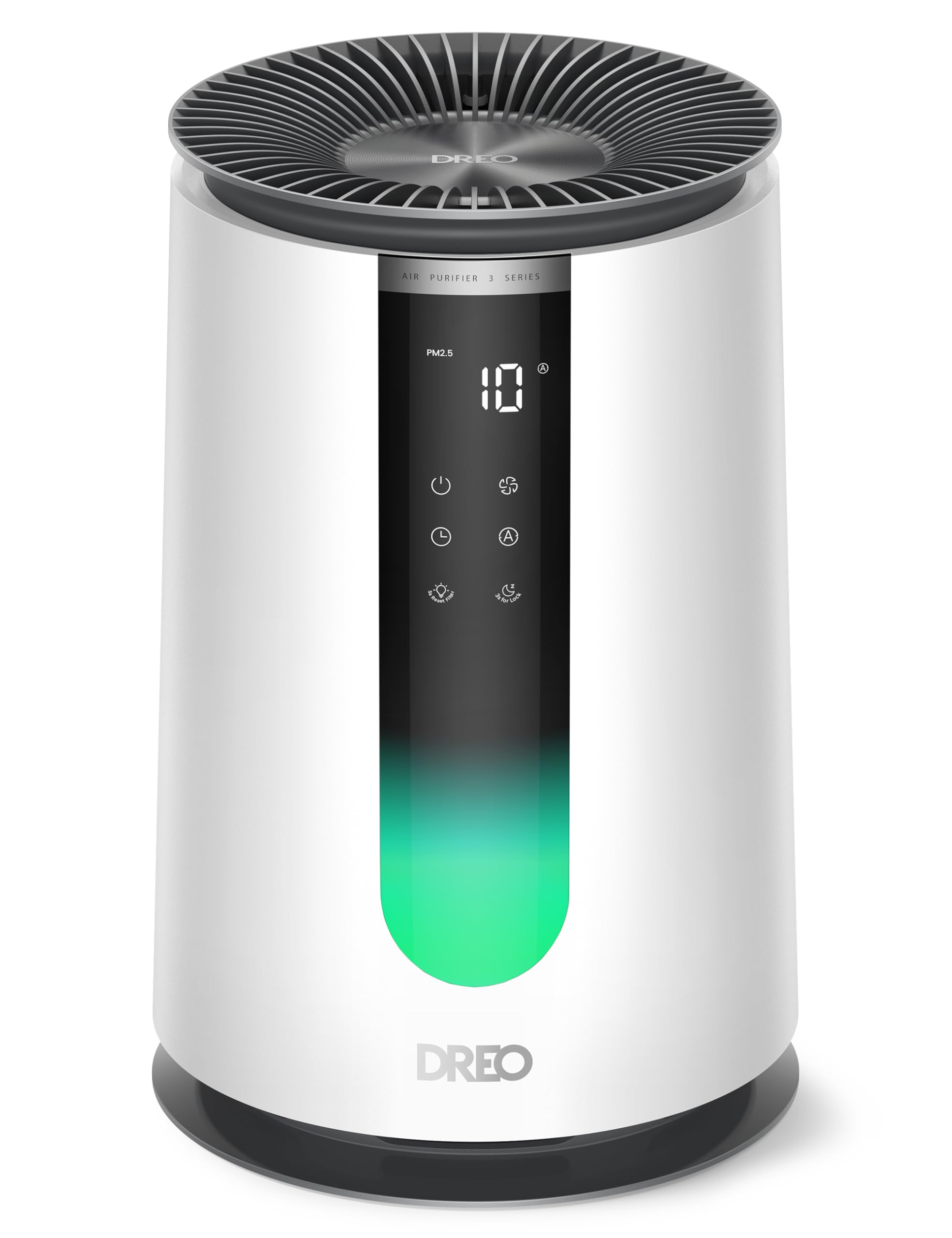 DREO front view of purifier showing sleek design and quick airflow benefit