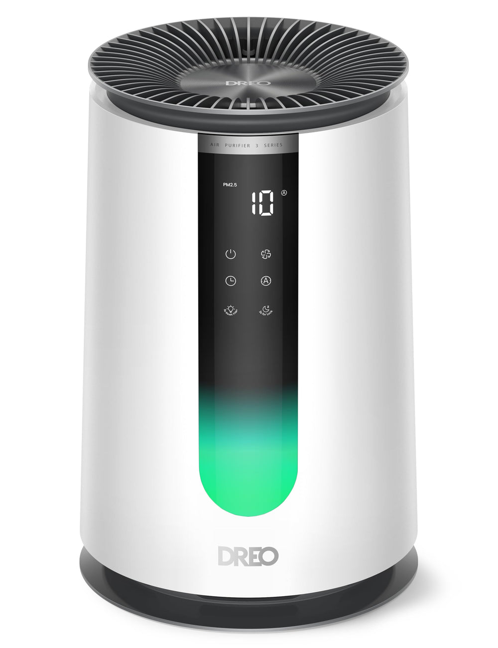 DREO front view of purifier showing sleek design and quick airflow benefit