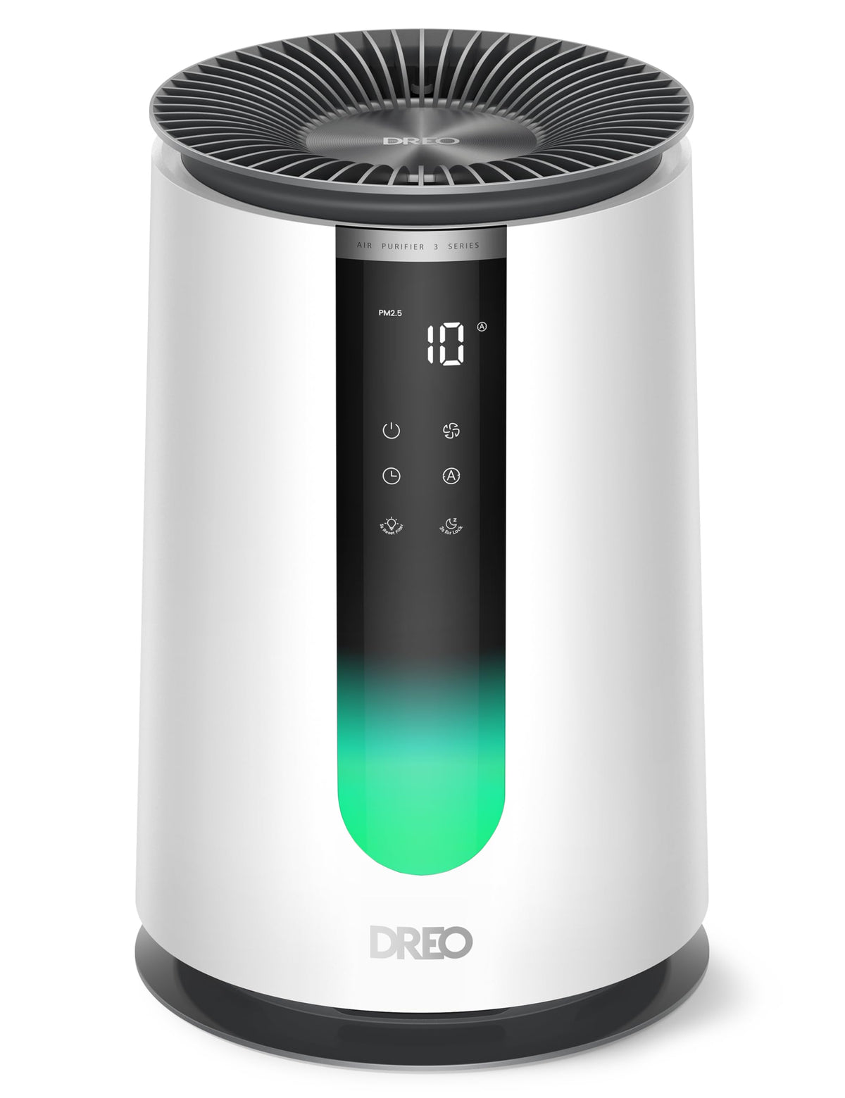 DREO front view of purifier showing sleek design and quick airflow benefit