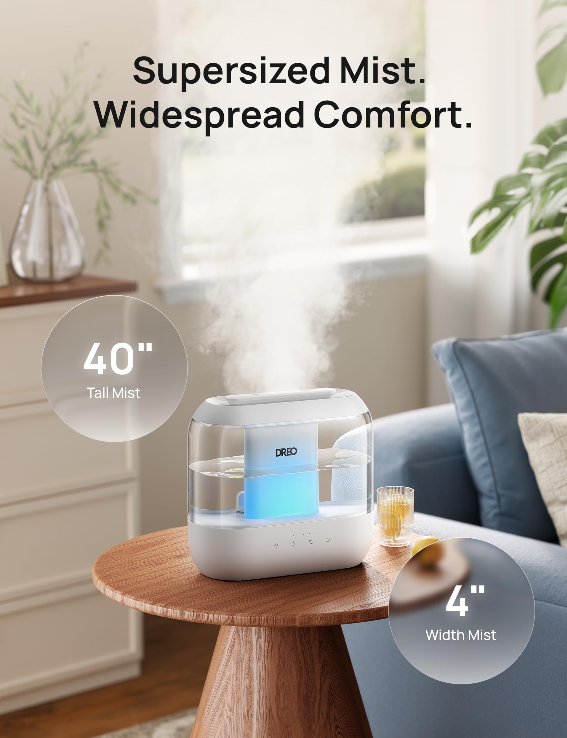 DREO mist outlet in action projecting fine mist for fast room coverage