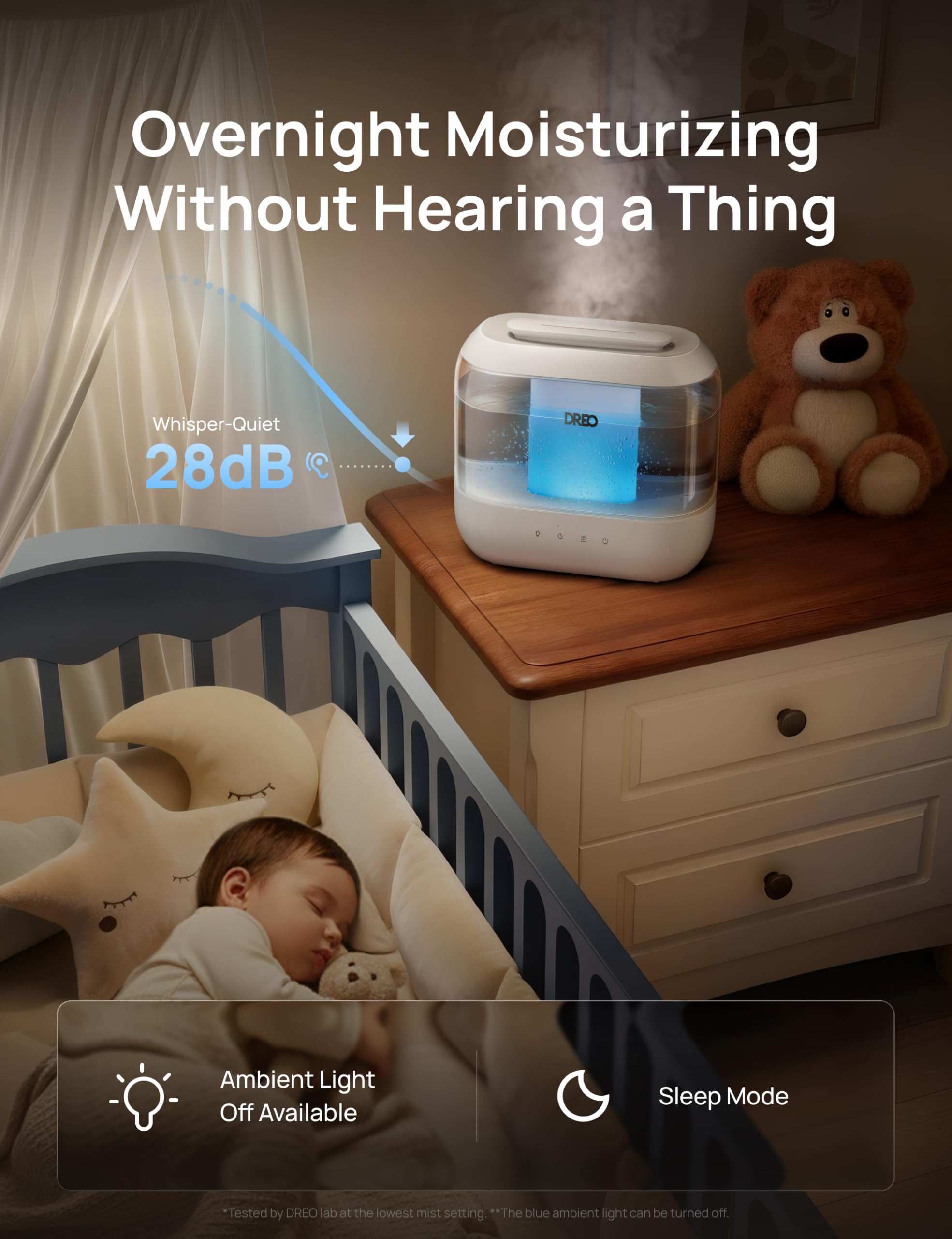 DREO ambient nightlight glowing to create a calming bedroom atmosphere