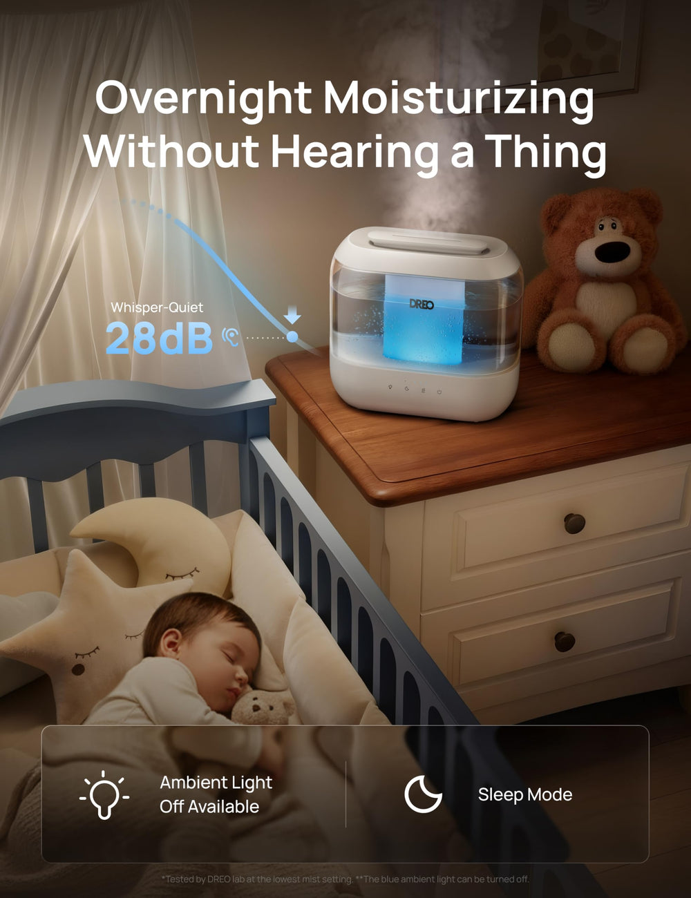 DREO ambient nightlight glowing to create a calming bedroom atmosphere