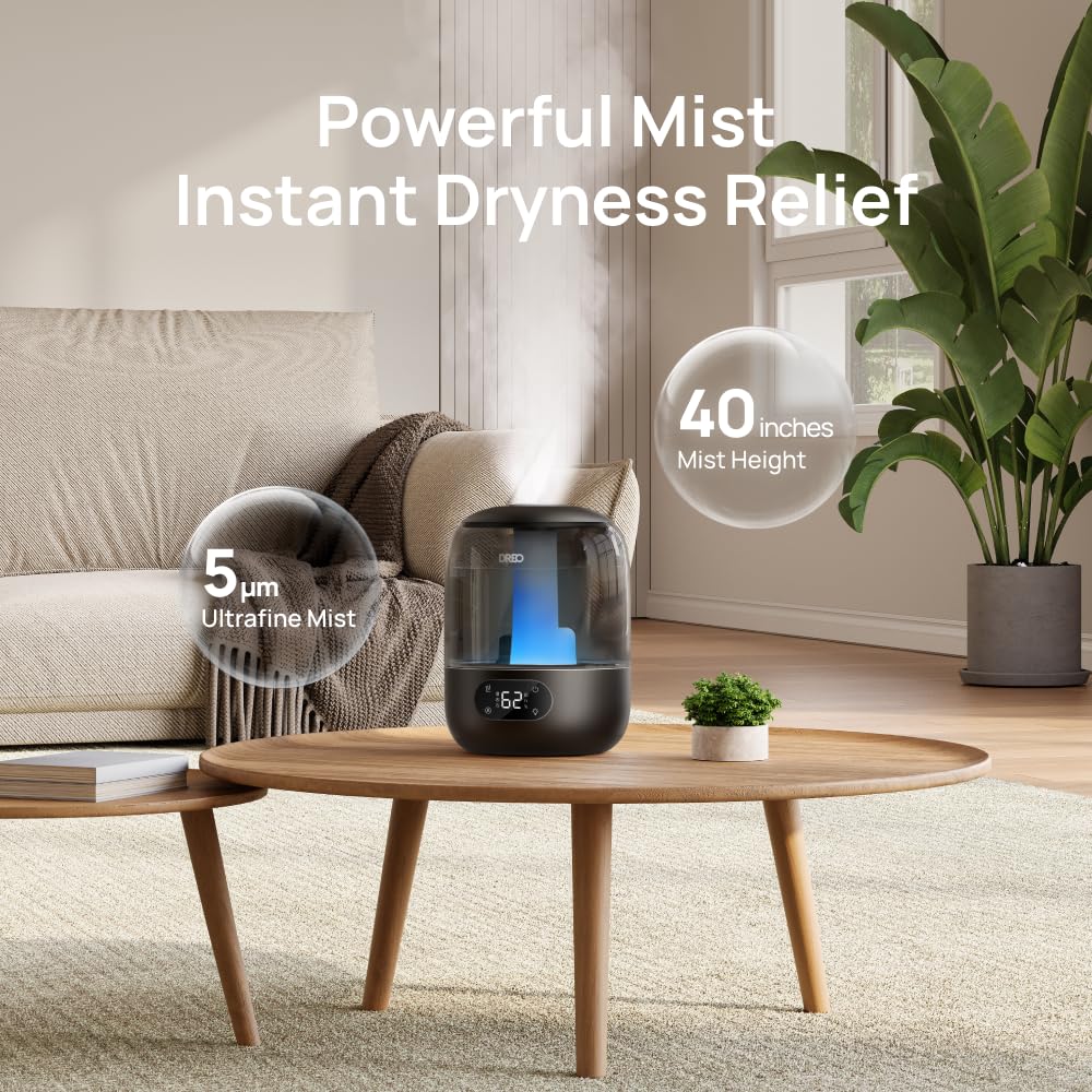 DREO humidifier aroma tray detail showing essential oil slot for gentle scented air