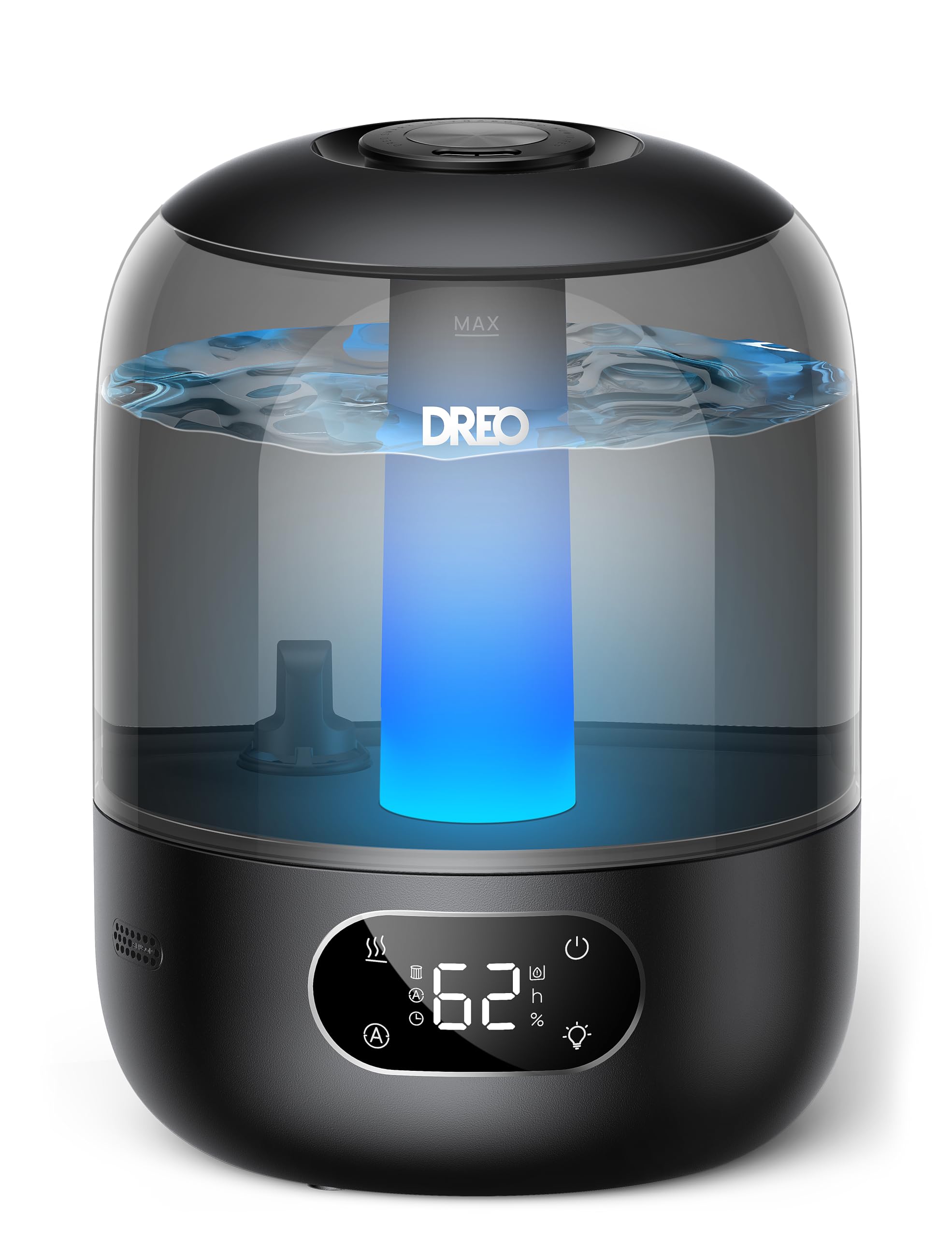 DREO humidifier front view showing sleek black design and compact footprint for bedroom comfort