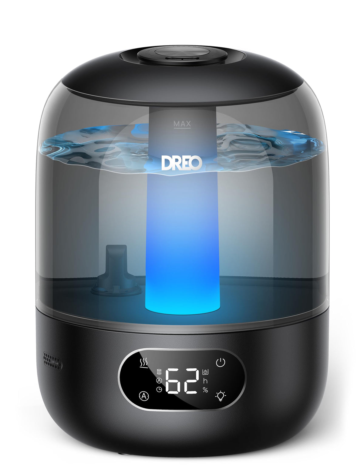 DREO humidifier front view showing sleek black design and compact footprint for bedroom comfort