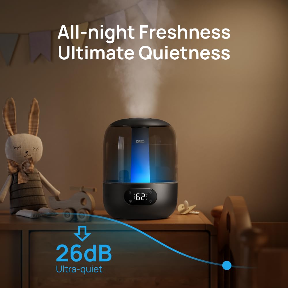 DREO humidifier mist closeup displaying fine 5μm vapor for even room moisture distribution