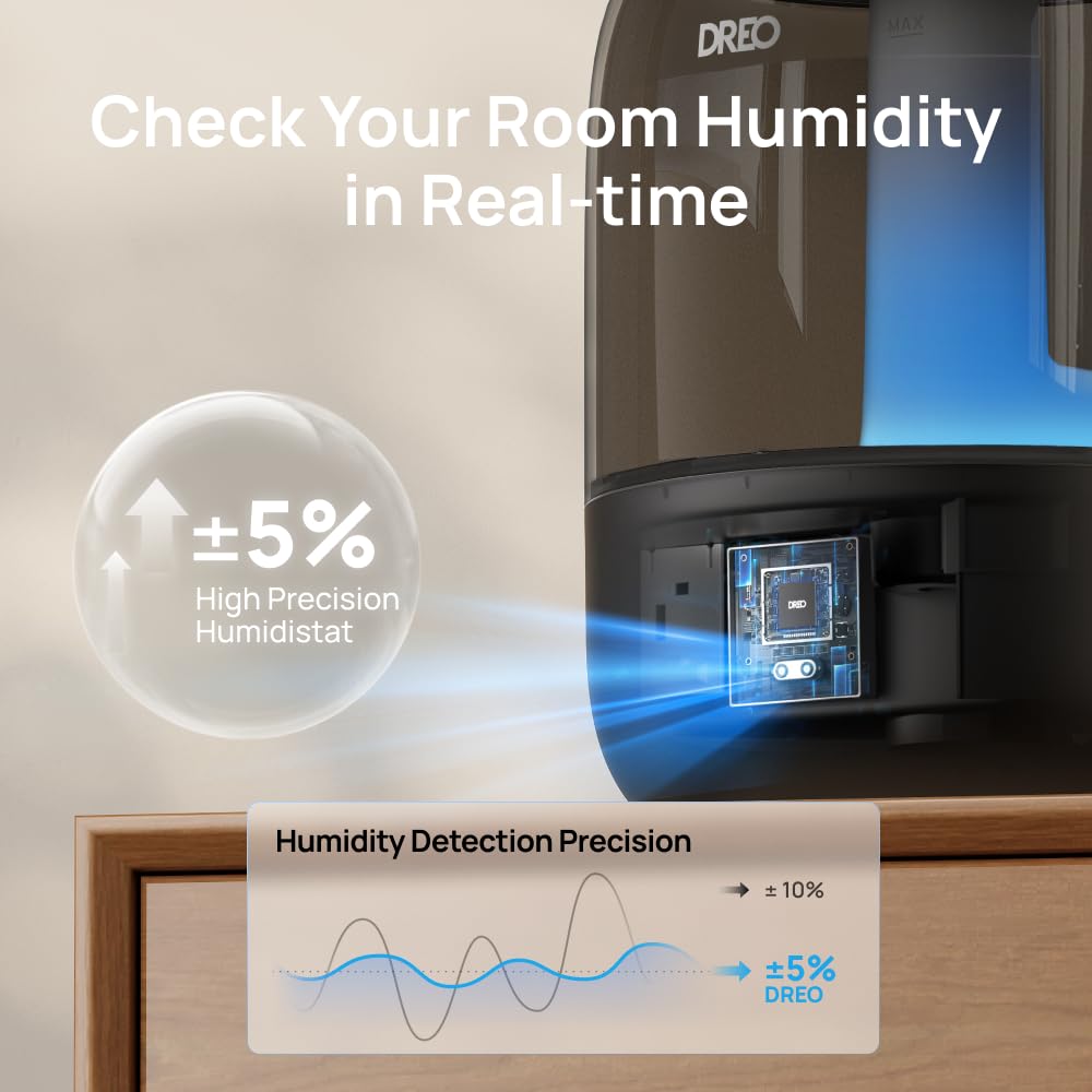 DREO humidifier on a nightstand illustrating quiet operation and restful bedroom atmosphere