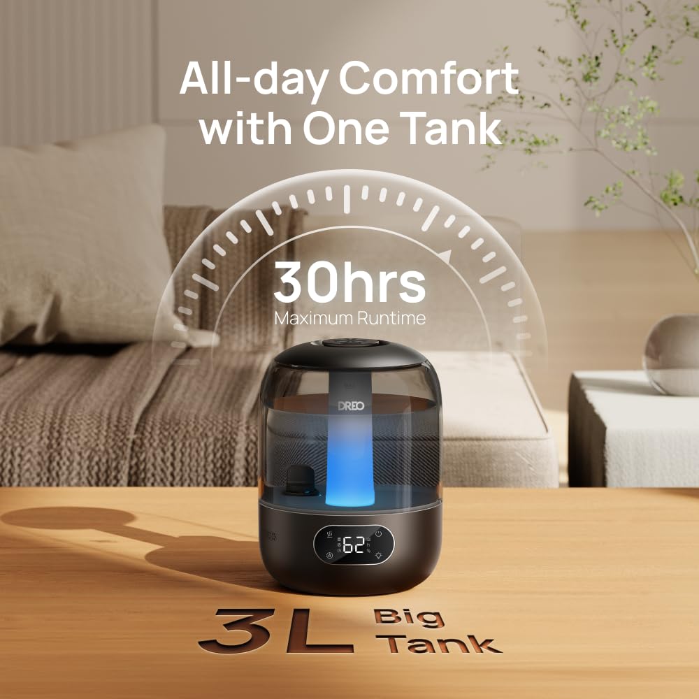 DREO humidifier next to a book for size comparison and space-saving placement benefit