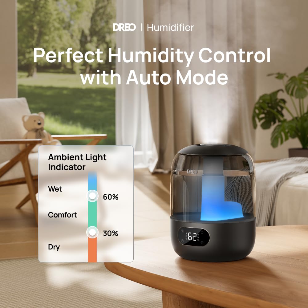 DREO humidifier top-fill detail highlighting easy refill access and spill-free convenience