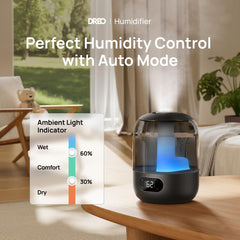 DREO humidifier top-fill detail highlighting easy refill access and spill-free convenience