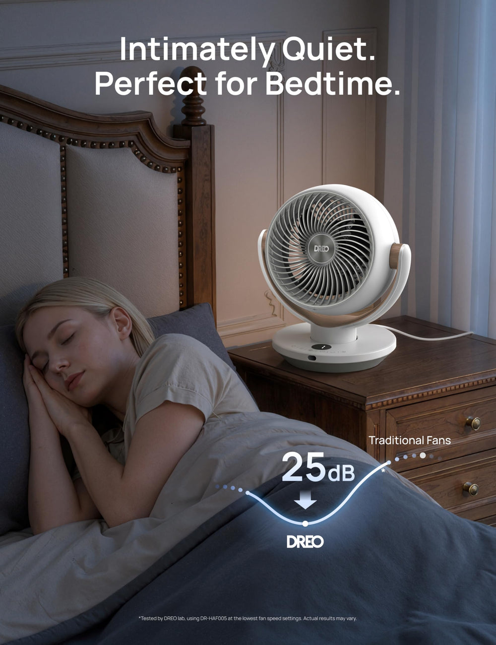 DREO oscillation demonstration showing 90° sweep for room coverage