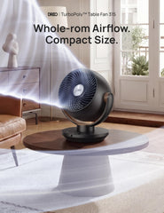 DREO remote with fan control panel showing easy speed and timer adjustments