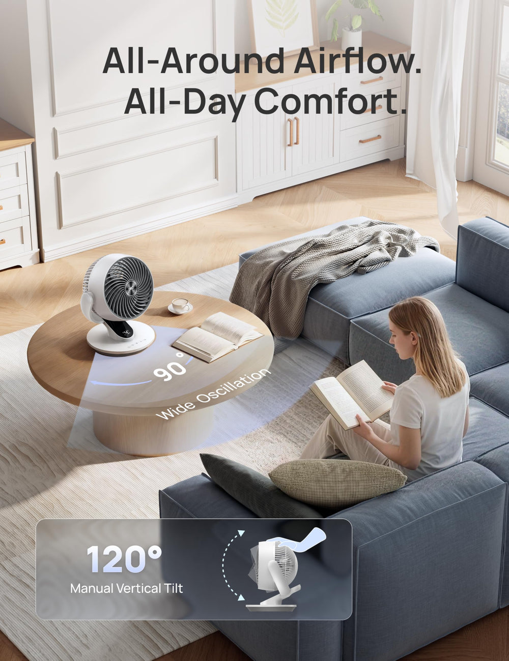 DREO remote control close-up for easy hands-free speed and timer adjustments