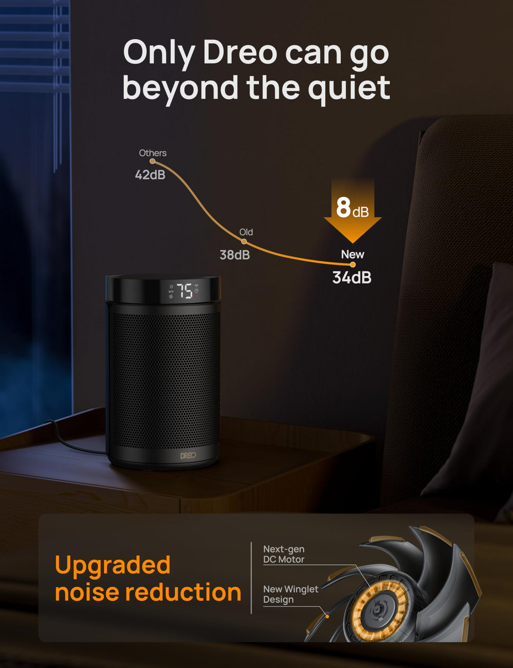 DREO heater next to laptop showing compact size and space-saving benefit