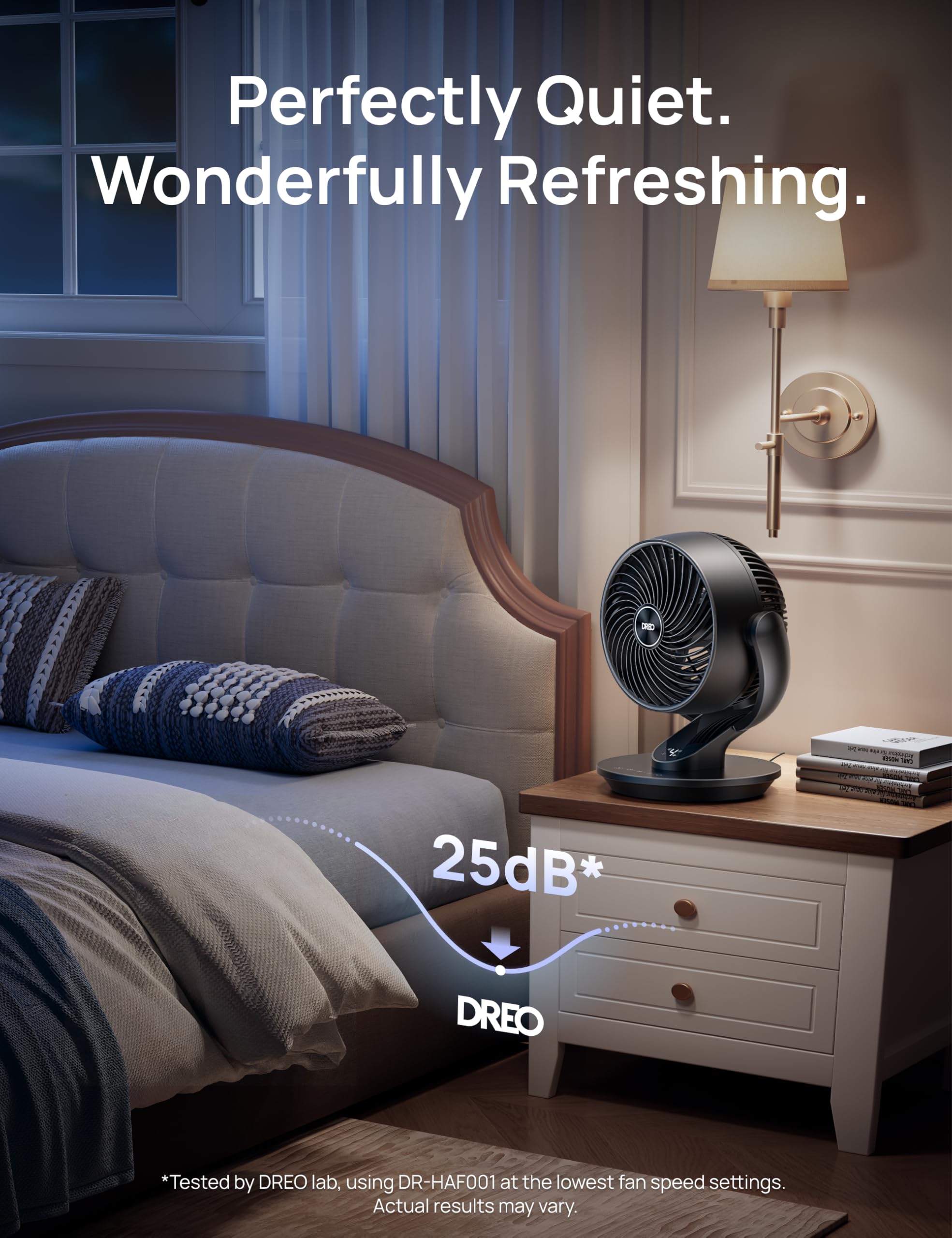 DREO fan next to a laptop illustrating compact footprint and placement benefit