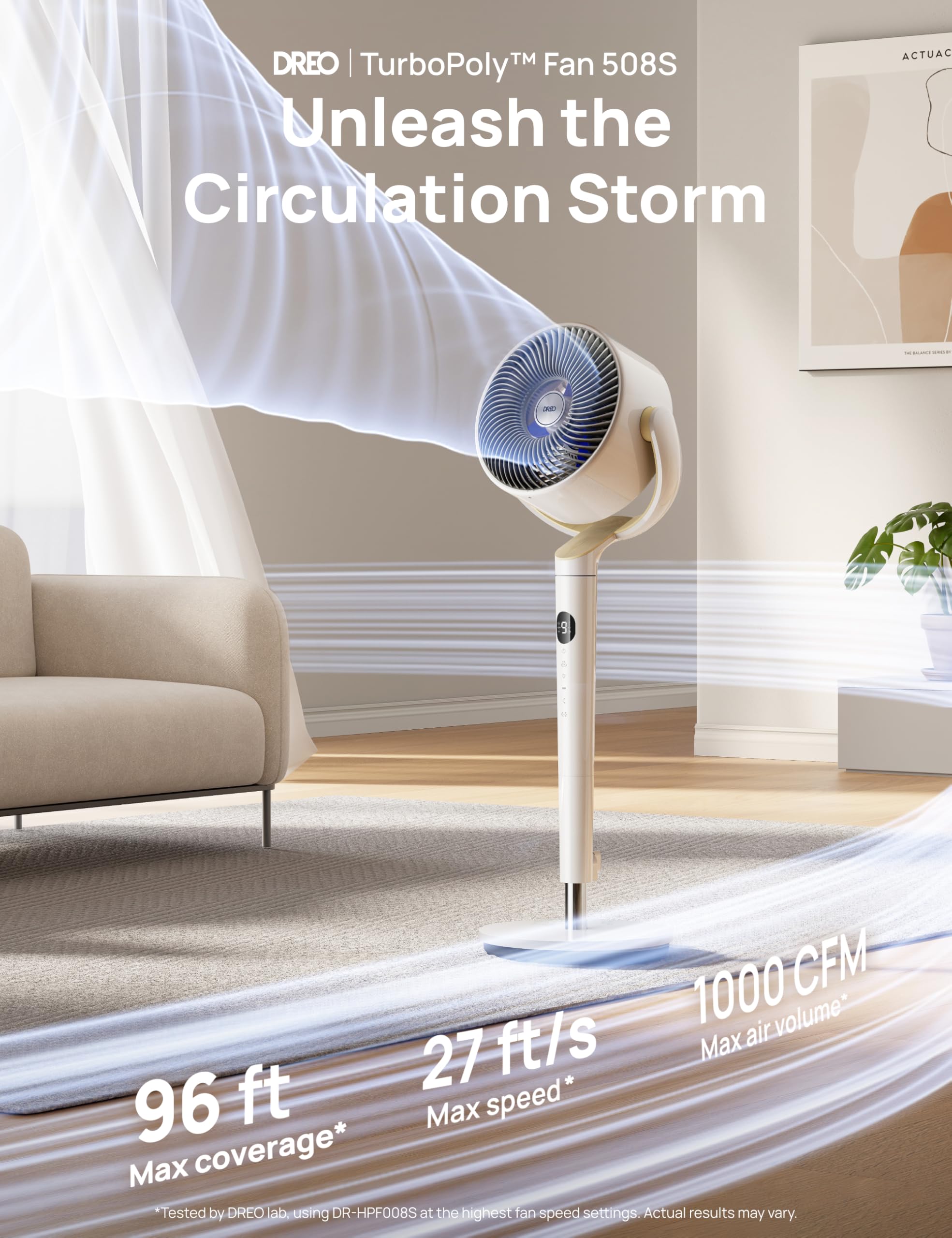 DREO smart fan closeup of control panel and remote for easy operation