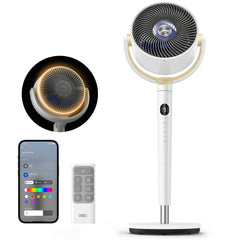 DREO smart fan front view showing sleek pedestal and grille for strong airflow