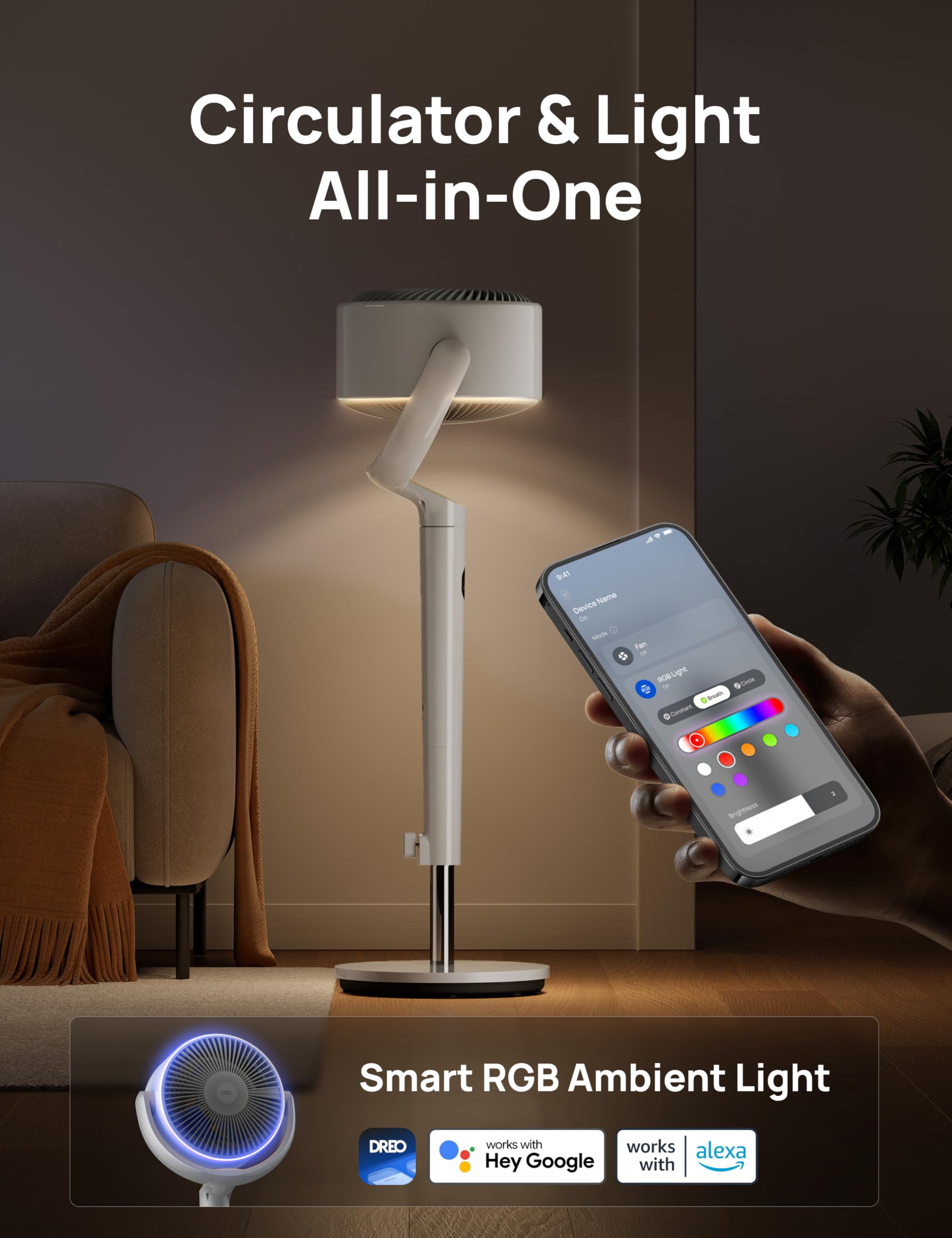 DREO smart fan beside chair showing adjustable height and room scale advantage