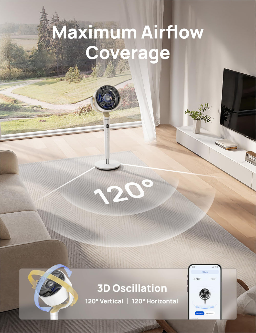 DREO smart fan in bedroom setting providing whole‑room circulation and comfort