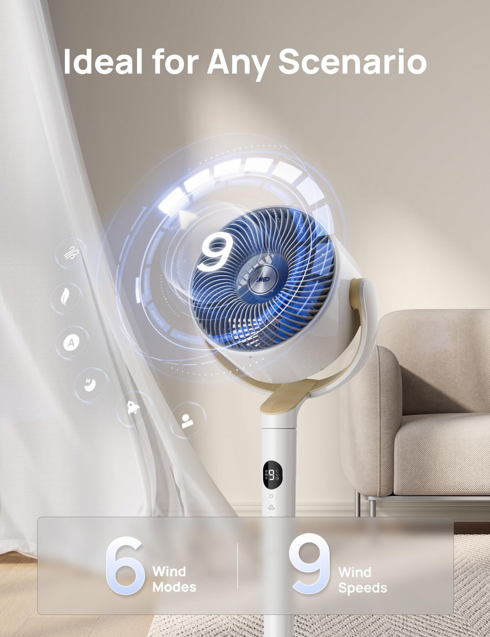 DREO smart fan blade and motor detail highlighting quiet DC motor performance