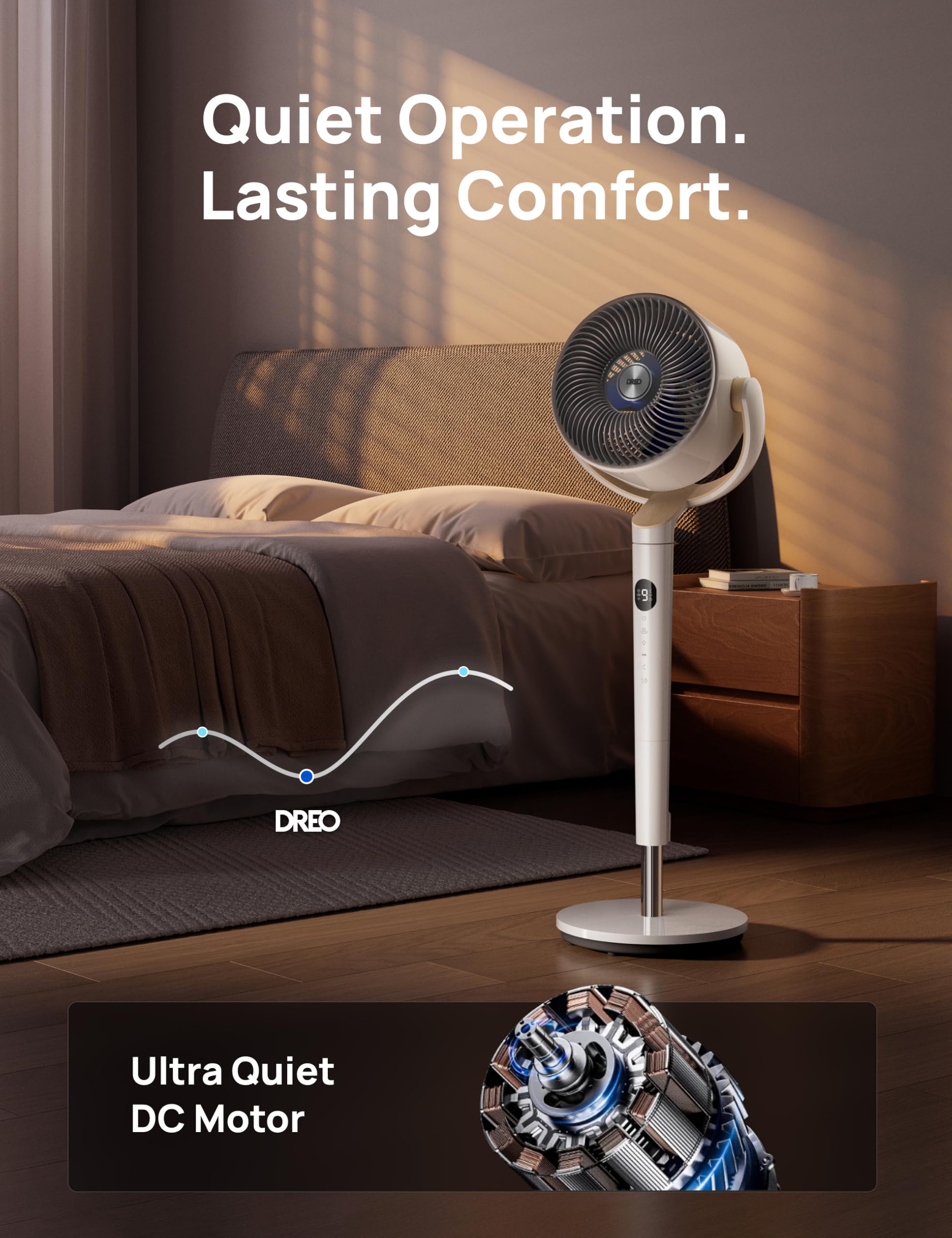 DREO smart fan RGB lighting on for customizable mood and gentle illumination