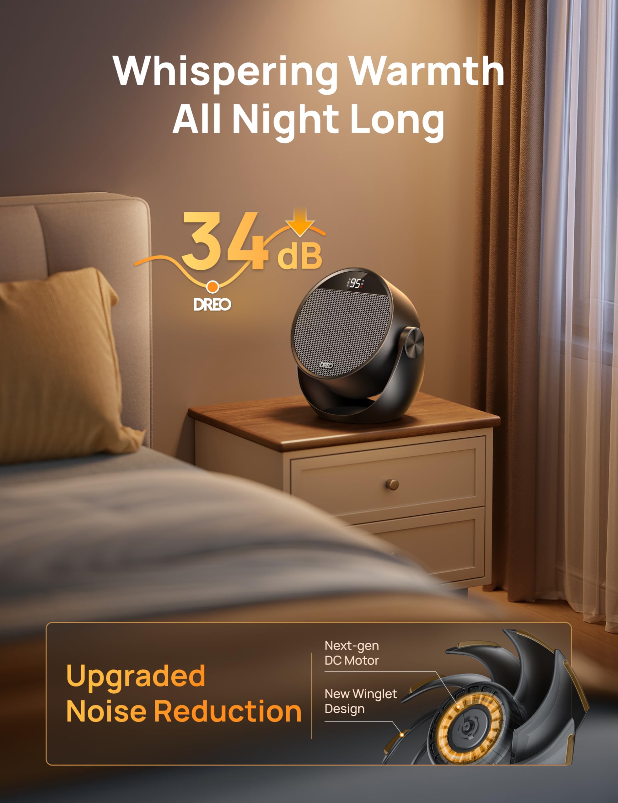 DREO heater on bedroom nightstand providing quiet cozy heat
