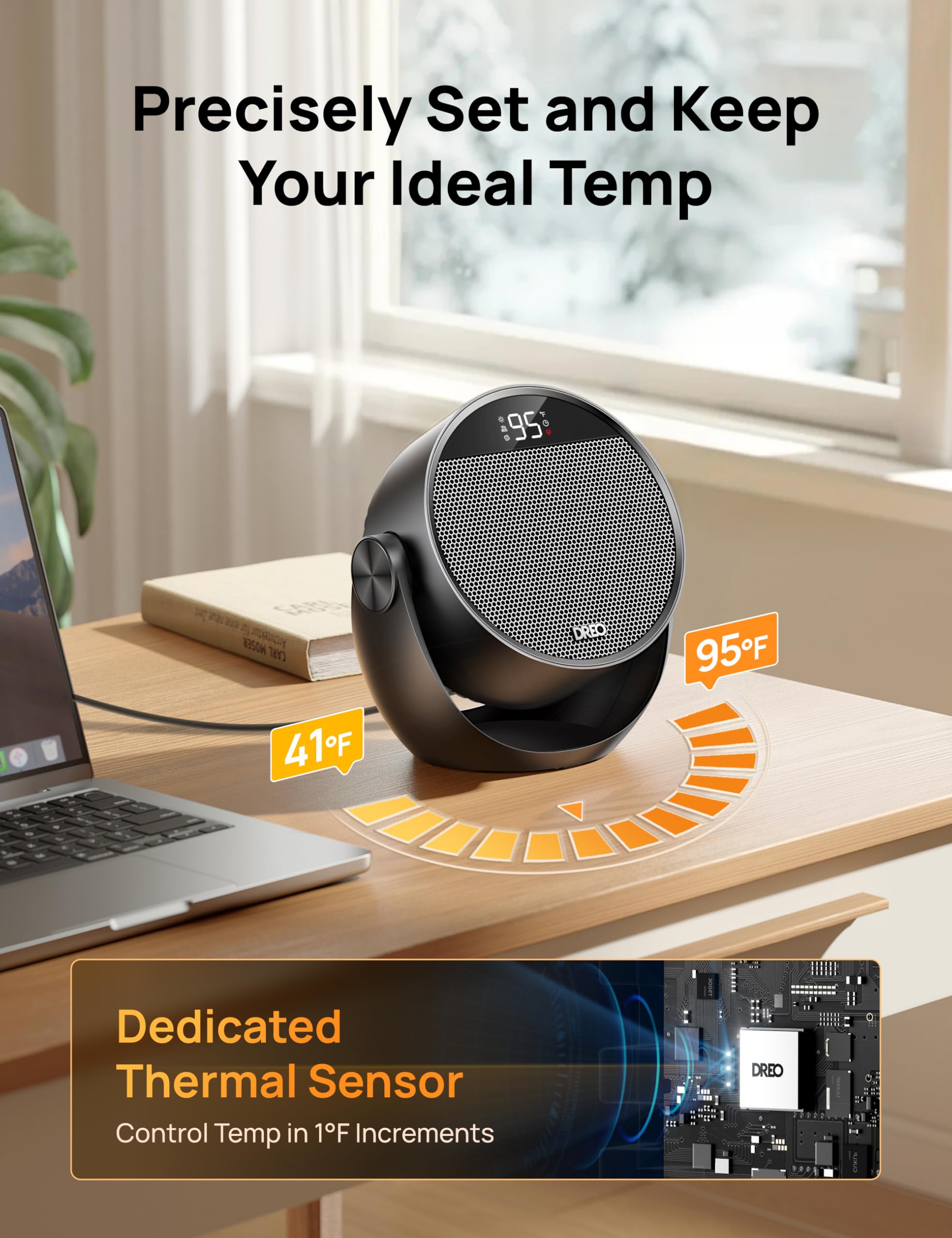 DREO heater on desk delivering focused warmth for workspace comfort