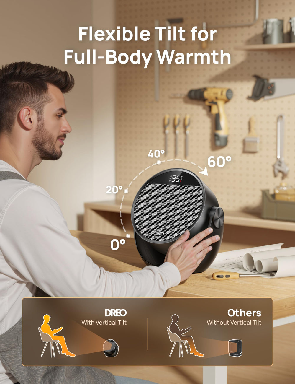 DREO heater next to a book showing compact size and portability