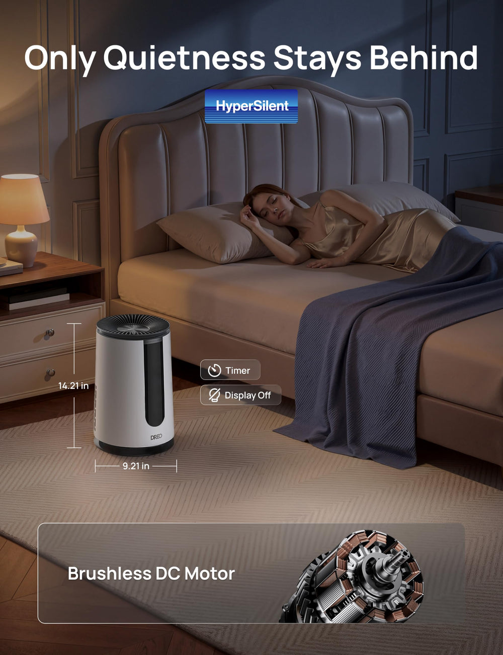 DREO purifier in bedroom setting demonstrating quiet sleep-time benefit