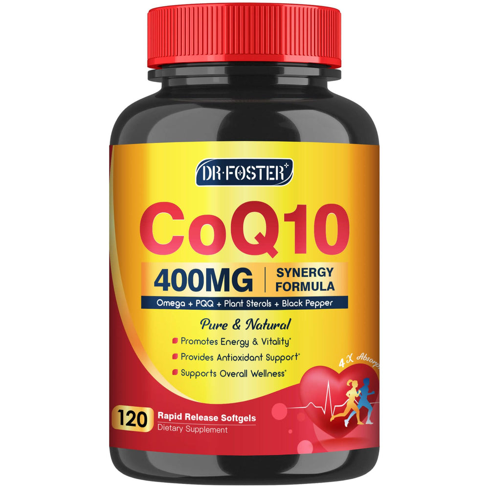 DRFOSTER front bottle view showing high‑potency CoQ10 benefit