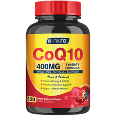 DRFOSTER front bottle view showing high‑potency CoQ10 benefit