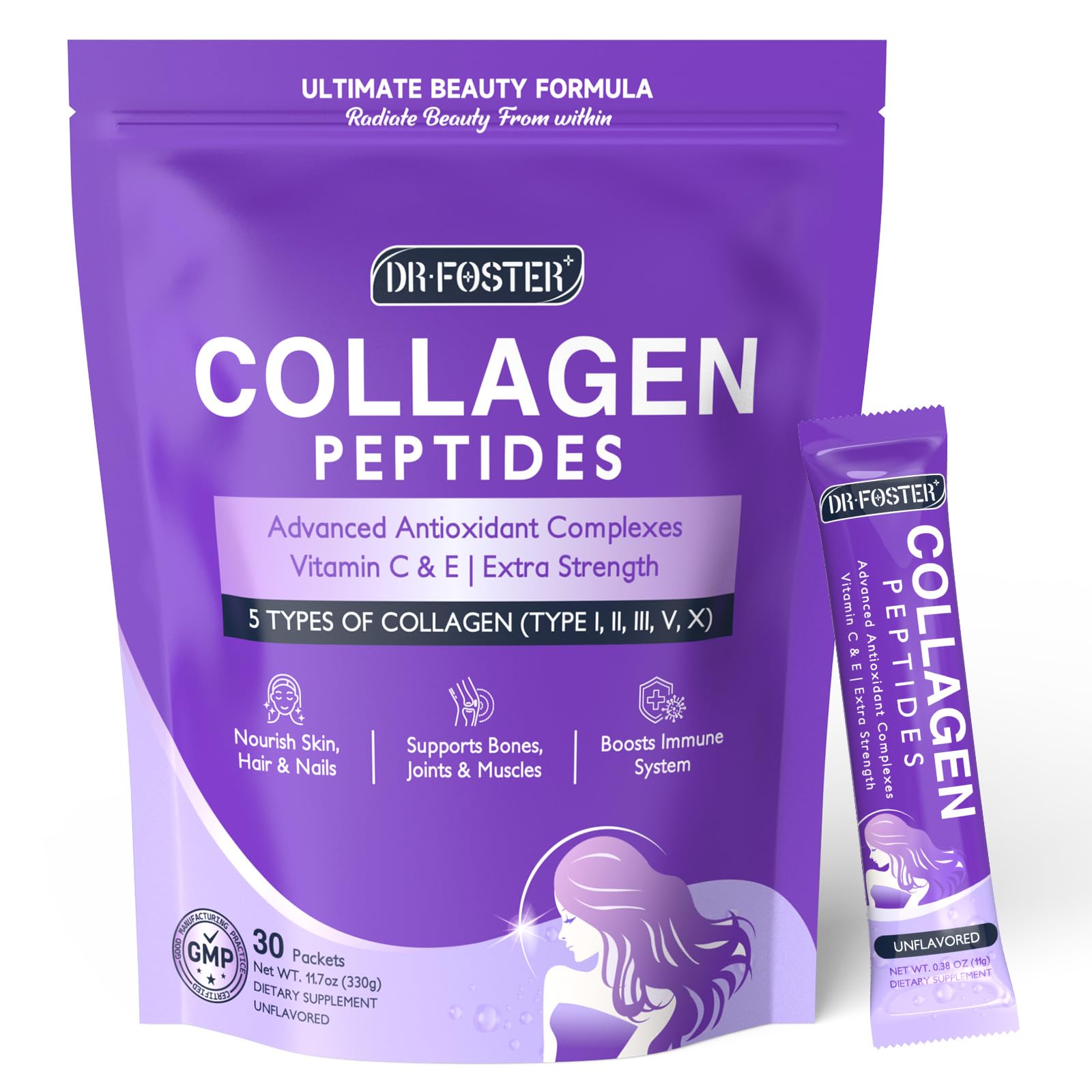 DRFOSTER front packaging showing 30 stick packets and benefits
