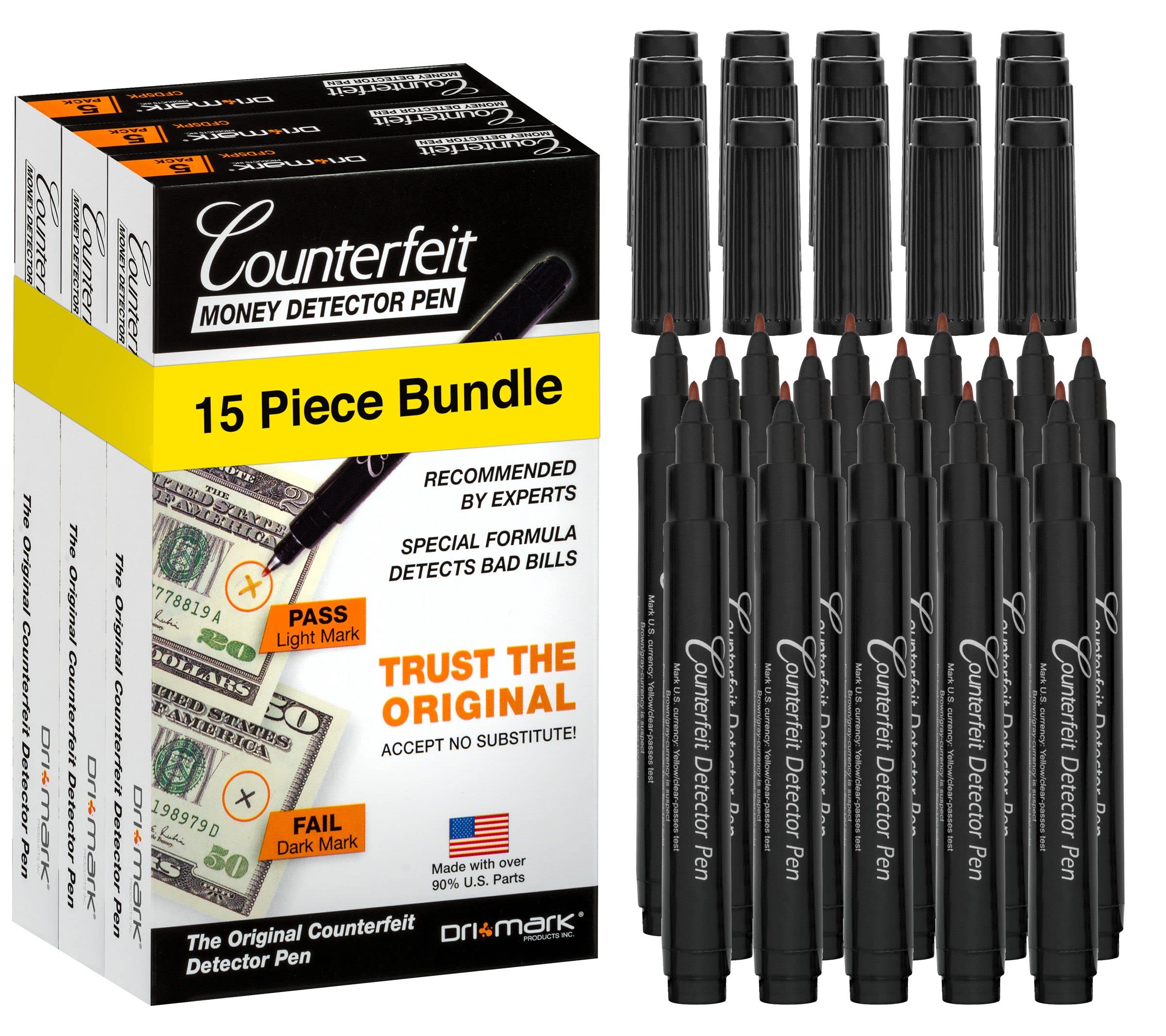 Dri Mark front packaging showing 15 counterfeit detector pens and convenience