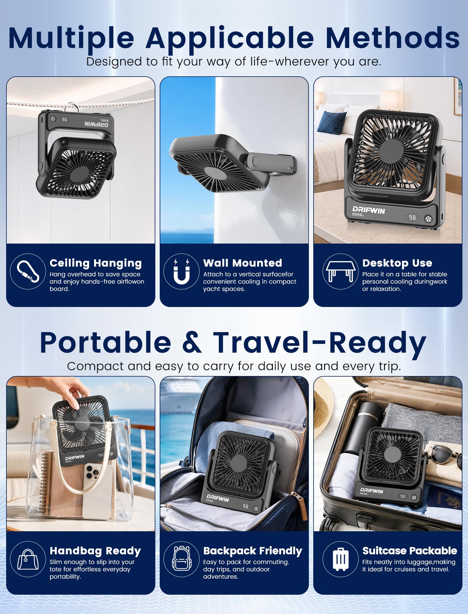 DRIFWIN operating at campsite offering rechargeable airflow on outdoor trips