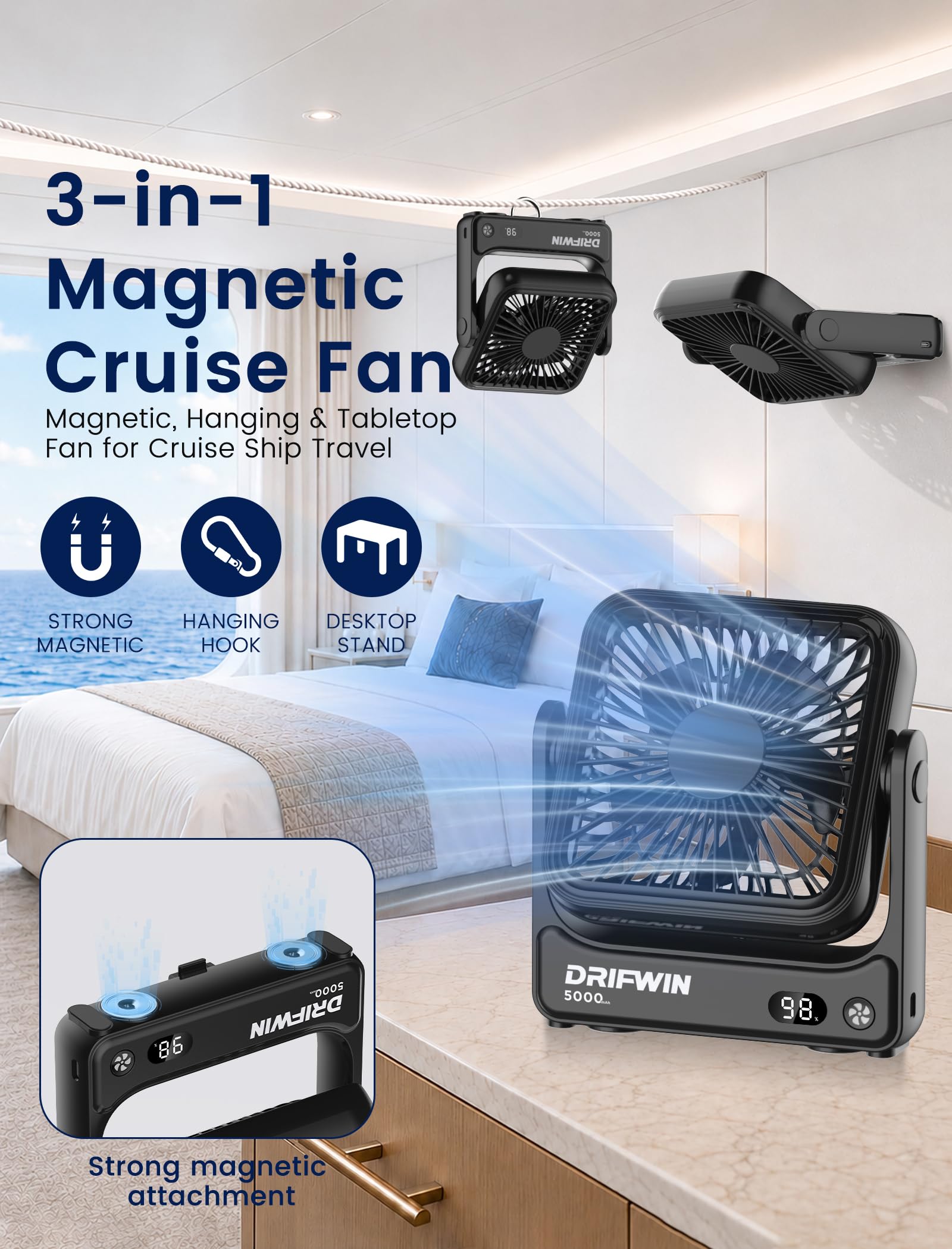 DRIFWIN magnetic base attached to metal surface giving stable hands-free airflow