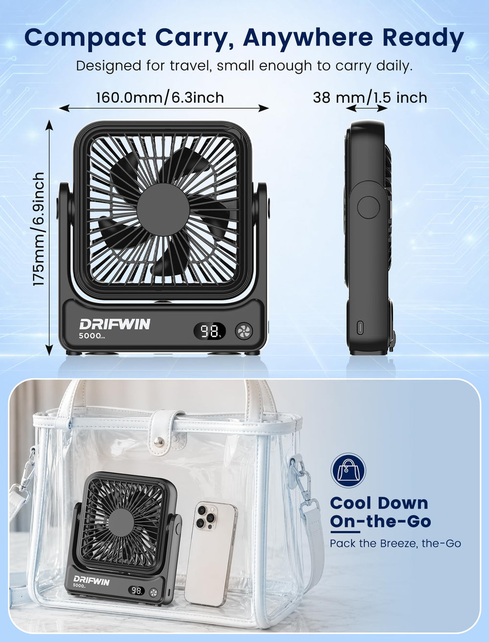 DRIFWIN side profile highlighting ultra-slim body for easy packing and travel