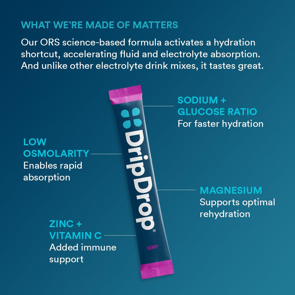 glass with mixed DripDrop Berry drink demonstrating refreshing hydration