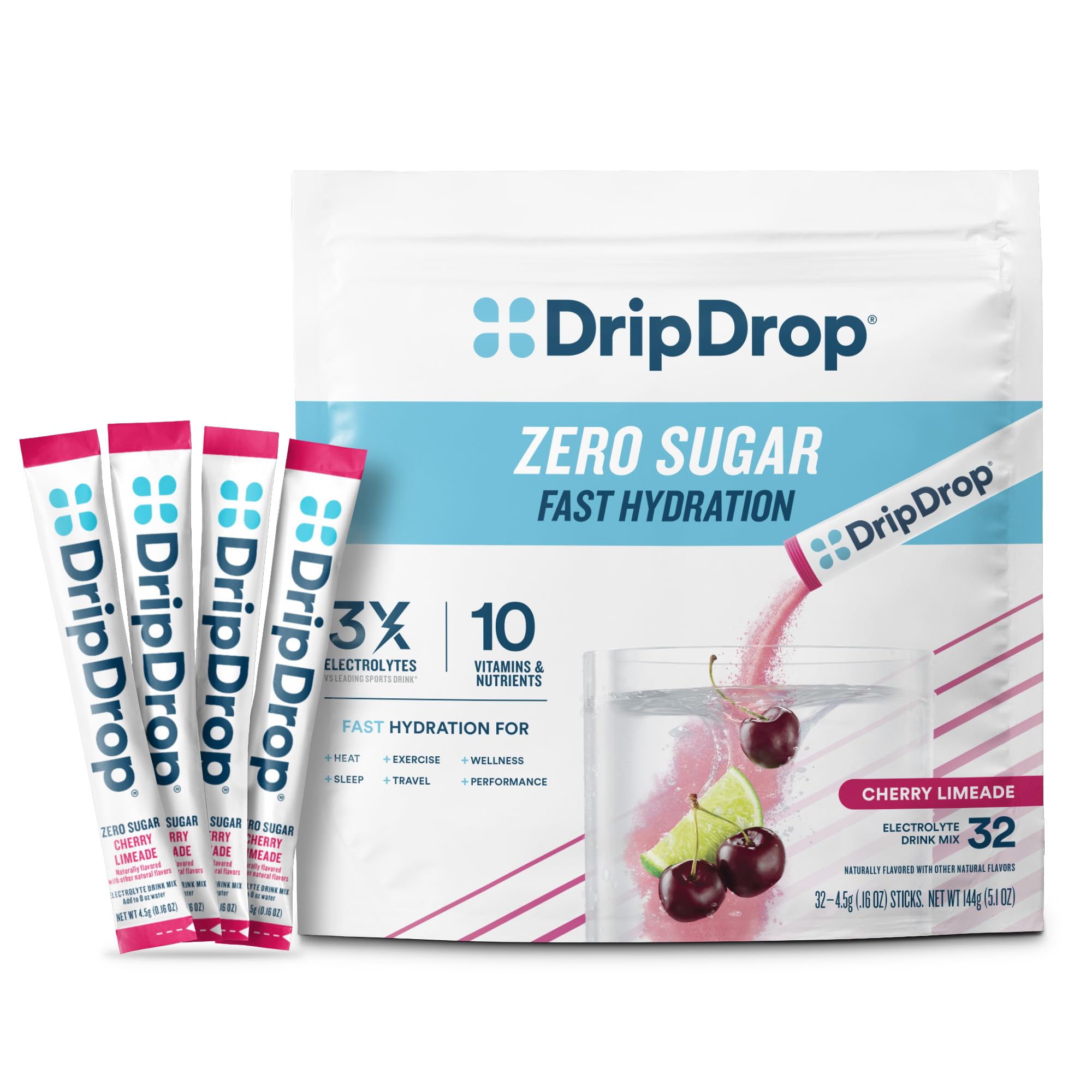DripDrop front box showing Cherry Limeade flavor and 32 count for easy identification
