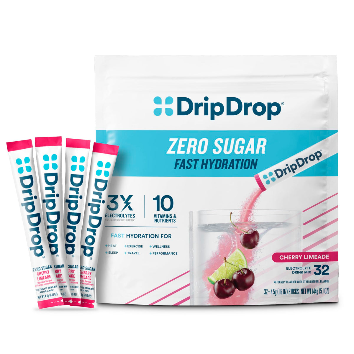DripDrop front box showing Cherry Limeade flavor and 32 count for easy identification
